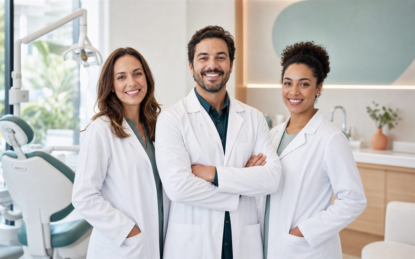 Equipo de especialistas odontológicos en una clínica moderna